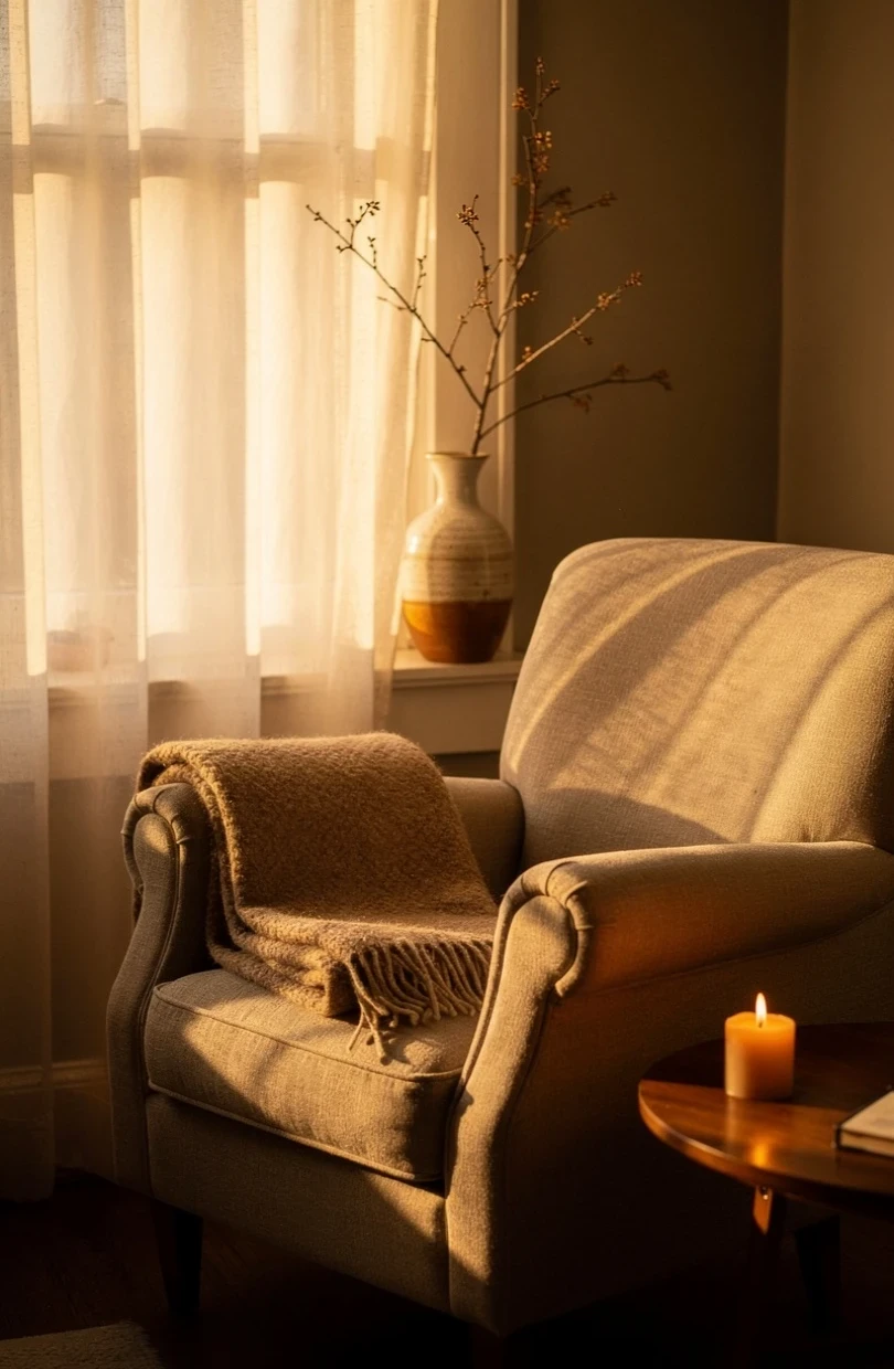 A tender, contemplative corner with a comfortable armchair beside a sunlit window