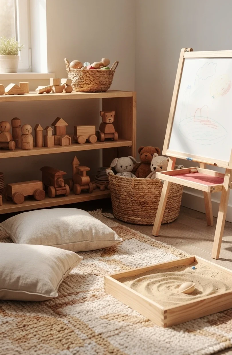 A warm child play-therapy corner with wooden toys, floor cushions and soft daylight