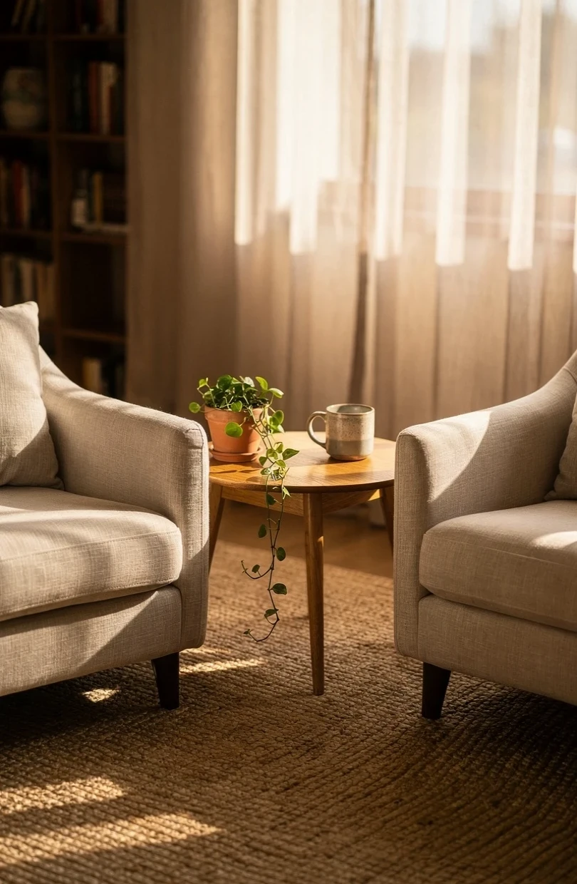 A welcoming therapy room with two soft linen armchairs in warm natural light