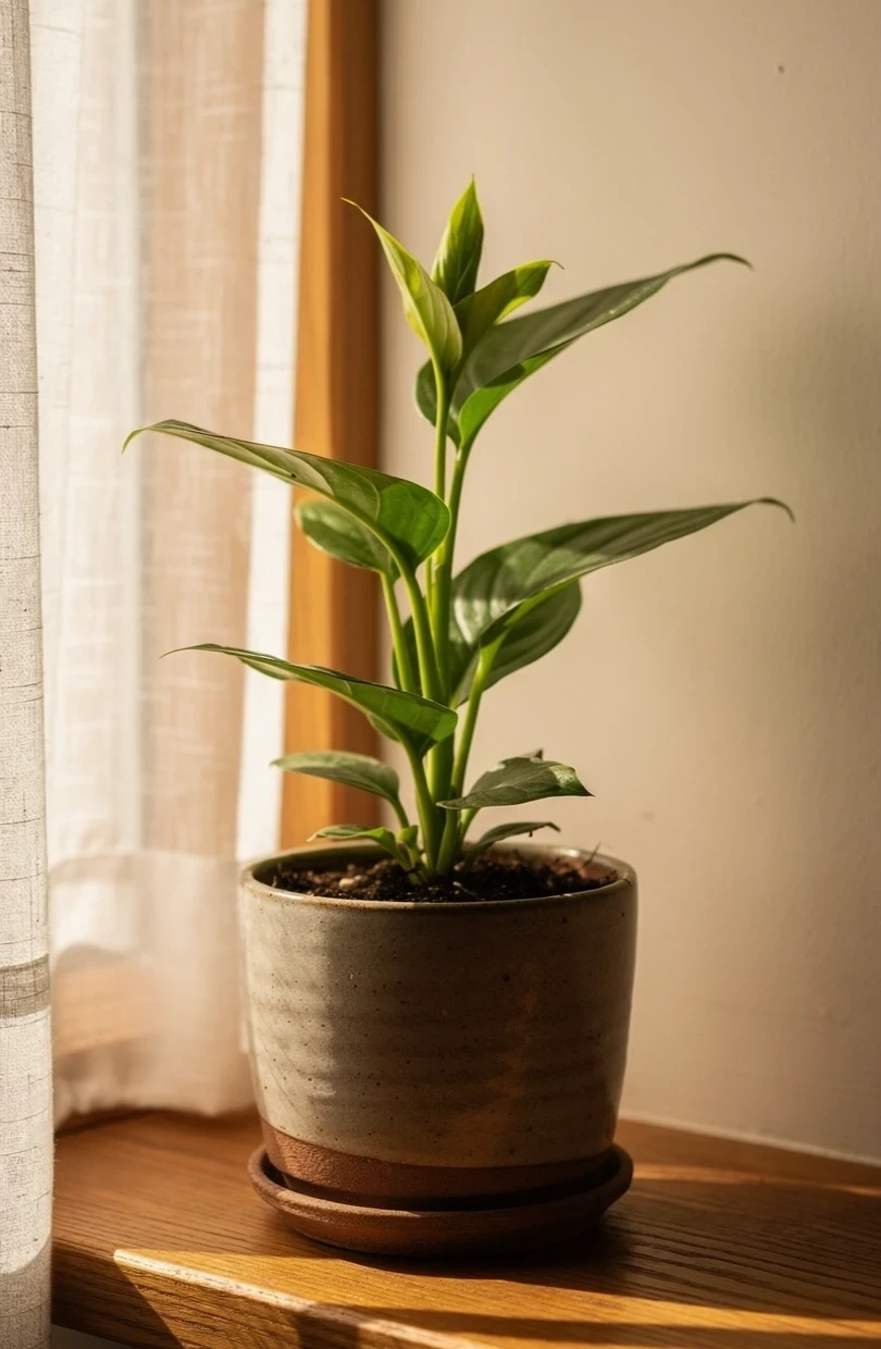 A healthy green plant unfurling new leaves toward soft natural light, symbolising growth and well-being